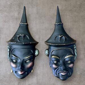 Face Masks Wall Decor Hanging Pointed Hats Chalkware Signed J.O. 1968